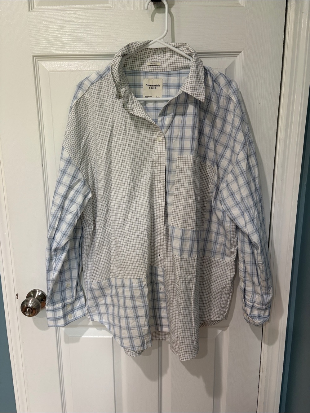 Abercrombie & Fitch Women's Patchwork Button-Up Shirt - Light Blue & White - Picture 1 of 3